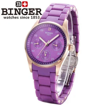 Hot Sell Brand Binger Sexy Purple Watches Rose Gold Girl Japan Quartz Wristwatch Three Round Date Calendar 24 Hours Lover Watch