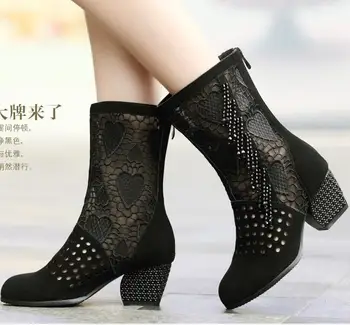 Genuine Leather Women Lace Half Boots Fringe Sheepskin Thick Heels Lady Boots Spring Summer Autumn Tassels Middle Booots