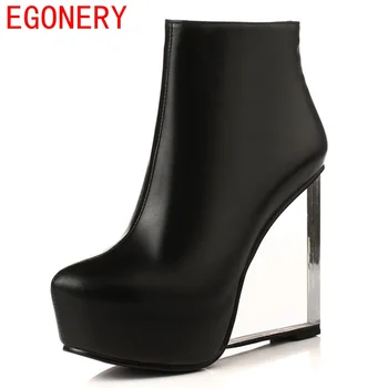 EGONERY shoes 2017 women ankle boots modern round toe side zipper platform fashion boots women fashion wedges shoes
