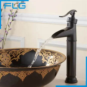 China Sanitary Ware Bathroom Black Tall Deck Mounted Waterfall Mixer, Copper Oil Rubbed Bronze Retro Faucet