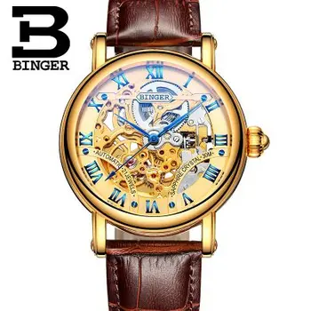 Man Brand Binger hollow mechanical Wristwatch fashion Casual waterproof dress watch leather strap men sports watches