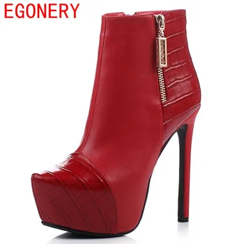 EGONERY shoes 2017 women ankle boots riding equestrian modern round toe thin heels side zipper fashion full leather shoes