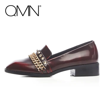 QMN Brand genuine leather women loafers Women Slip On Flat Shoes Woman Flats Ladies Punk Shoes With Rivets Chain 34-39