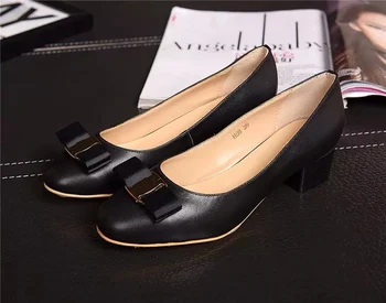 Women shoes 2016 Genuine Leather Square heel Designer Shoes Woman Brand bow shoes Valentine Shoes sapatos de salto alto. da005