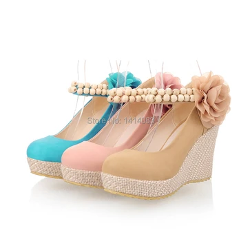 Japanese sweet princess style comfortable round toe pumps fashion flower beading platform Magic tape wedge high heel women shoes