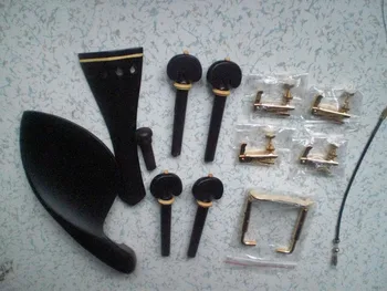 4 Set Ebony Violin fitting 4/4 with 16 PCs Gold color fine tuner & 4 gold chin rest clamp & 4 pcs tail guts