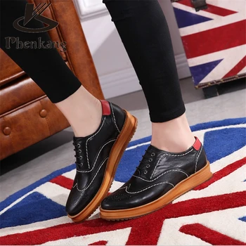 Genuine leather 2017 sping flat platform British carved oxford shoes College style for women increased single shoes us size 8