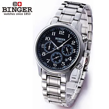 Binger Men Black Bezel Tourbillon Dial Stainless Steel Automatic Mechanical Watches 3 Eyes 6 Needle Wrist Watch Man