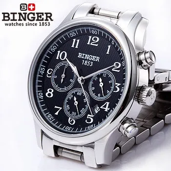 Binger Men Black Bezel Tourbillon Dial Stainless Steel Automatic Mechanical Watches 3 Eyes 6 Needle Wrist Watch Man