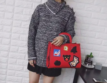 2016 Fashion New Womens Ladies Bear Cartoon Printing Appliques Badge Handbags Shoulder Bags Casual Tote Red Grey Black Bag Party
