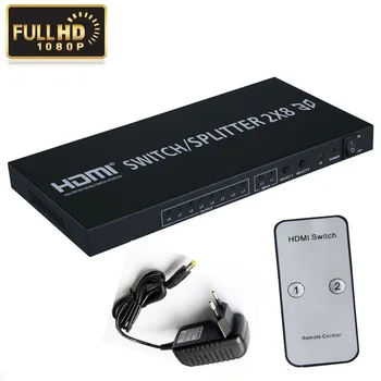Full HD 1080P 3D 4K 2x8 HDMIv1.4 Switch 2 In 8 Output HDMI Splitter Matrix For DVD PS3 TV Box HDTV with Power Supply + Remote