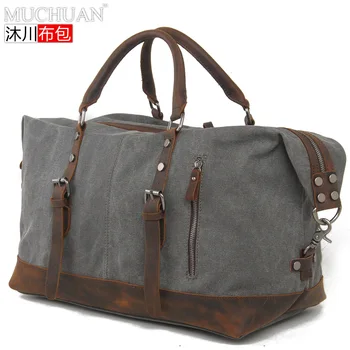 MUCHUAN Oversized Canvas Leather Trim Travel Tote Duffel shoulder handbag Weekend Bag