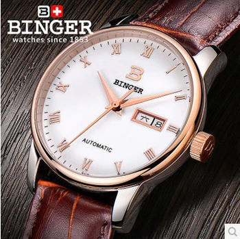 Fashion Wholesale Watches Brand Brown Cow Leather Roman Rose Gold Watch Auto Date Automatic Binger Wristwatch Complete Calendar