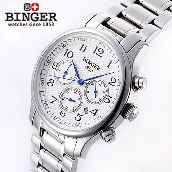 New Binger Mechanical stop watch Color Silver Stainless steel Wristwatches fashion automatic handmade self wind month watches