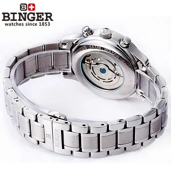 New Binger Mechanical stop watch Color Silver Stainless steel Wristwatches fashion automatic handmade self wind month watches