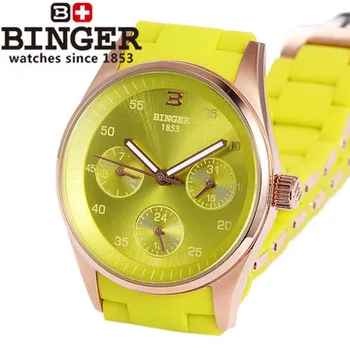 Luxurious Japan movement Binger brand quartz watch women fashion green dress wristwatch 24 hours date calendar Golden watches