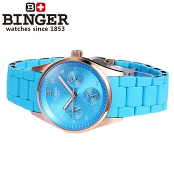 Binger Fashion Genuine Steel Skeleton Watches Woman Moon Golden Charm Dress Quartz Watch Blue Wristwatch Drop ship