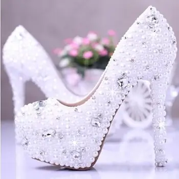2016 new Elegant pearl Women wedding shoes fashion diamond wedding shoes high with shoes white bridal shoes Women pump 465