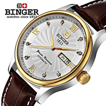 2017 new Binger sports watches Automatic Dual Movt Day Date Design Round Dial Steel Case watch Fashion Brown Leather wristwatch