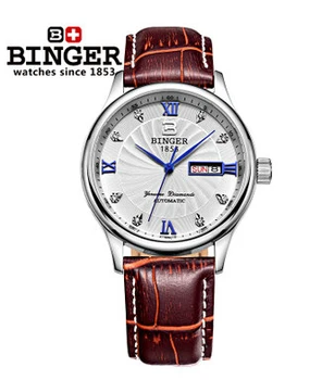 2017 new Binger sports watches Automatic Dual Movt Day Date Design Round Dial Steel Case watch Fashion Brown Leather wristwatch