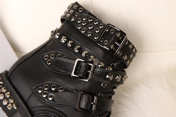 2016 New Stylish Famous Designer Shoes Women Round Toe Rivets Embellished Lace Up Booties Buckle Strap Ankle Boots Martin Boots