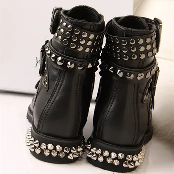 2016 New Stylish Famous Designer Shoes Women Round Toe Rivets Embellished Lace Up Booties Buckle Strap Ankle Boots Martin Boots