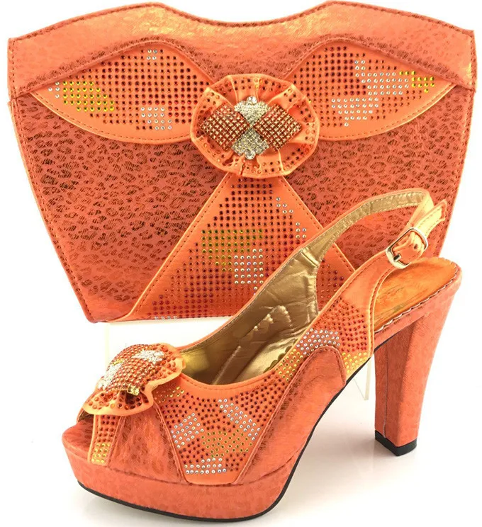 Fashion Italian Shoes With Matching Bags Set For Wedding And Party Orange Color African Shoes And Bag Sets With Stones ME6607