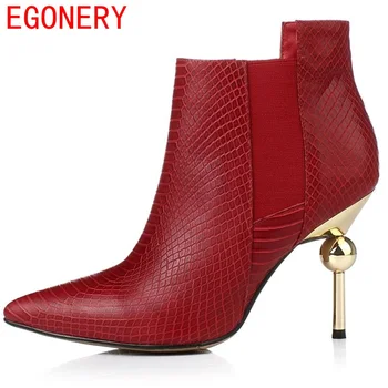 EGONERY shoes 2017 new ankle boots riding equestrian genuine leather fashion pointed thin heels slip on shoes
