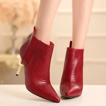 EGONERY shoes 2017 new ankle boots riding equestrian genuine leather fashion pointed thin heels slip on shoes