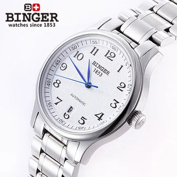 Brand New Binger White Gold Skeleton self-wind automatic watch Man Genuine Quality Steel Watches Elegant Blue Seconds Wristwatch