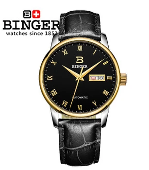 2017 Black Binger Genuine Cow Leather Circle Roman Gold Watch Mens TOP Quality Dual Date Wrist Watches