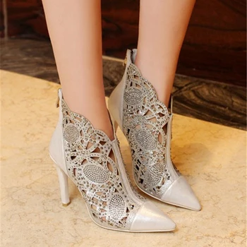 ENMAYLA Women Summer Cut-out Ankle Boots Gold Silver Colors Sexy Rhinestones Pointed Toe High Heels Shoes Women Thin Heels Pumps