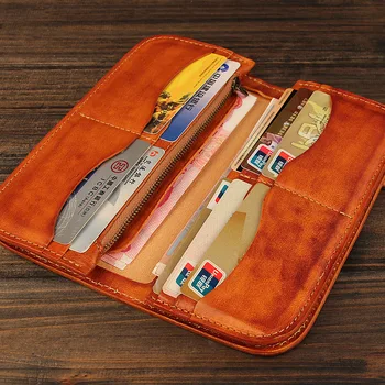 2016 Vintage Women Man Bag Long Wallet Genuine Leather Vegetable Tanning Handmade Wallet Card Holder Clutch Wallets Coin Pocket