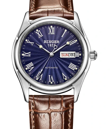Switzerland BINGER watches men luxury brand watches Blue glow Mechanical Wristwatches leather strap 50M Water Resistance