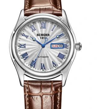 Switzerland BINGER watches men luxury brand watches Blue glow Mechanical Wristwatches leather strap 50M Water Resistance