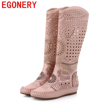 EGONERY shoes 2016 new heel sandals woman fashion summer boots soft genuine leather round toe knee high hollow boots revit shoes