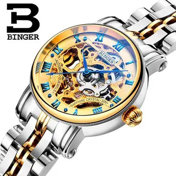 Luxury Hollow Geneva Binger Women Watches Casual Ladies Fashion Dress Leather Band Watch Skeleton Automatic Wristwatch Clock