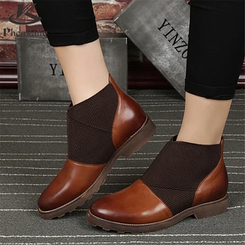2016 autumn Martin boots female British style vintage genuine leather ankle black brown boots elastic band shoes US size 8