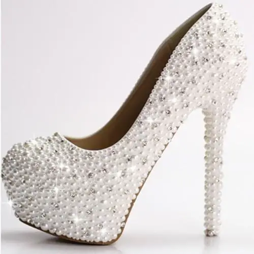 2016 new pearl diamond Women wedding shoes high heels genuine leather shoes diamond white bridal wedding shoes Women pumps 523