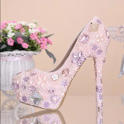 2016 new fashion pink flowers pearl diamond Women wedding shoes leather high heel shoes bridal shoes Women pumps