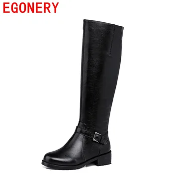 EGONERY shoes 2017 new solid color zipper belt buckle decorated in neutral British style high-quality Full Leather knee boots