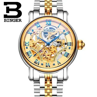 Geneva Binger Classic Golden Silver Watches Auto Mechanical Montre Relojes Mens Hollow Skeleton Man Switzerland Wrist Watch
