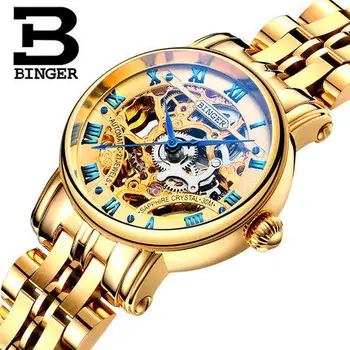 Brand Binger Luxury Fashion Casual Stainless Steel Women Skeleton Watch Woman Dress Wristwatch Steel Automatic Hollow Watches