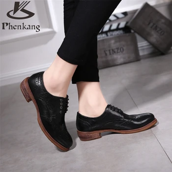 Genuine leather woman US size 8 designer vintage flat shoes round toe handmade brown black 2017 sping oxford shoes for women