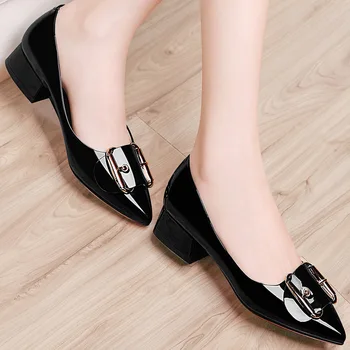 The new spring han edition ms square buckle in the shallow mouth pointed with thick with shoes women's shoes