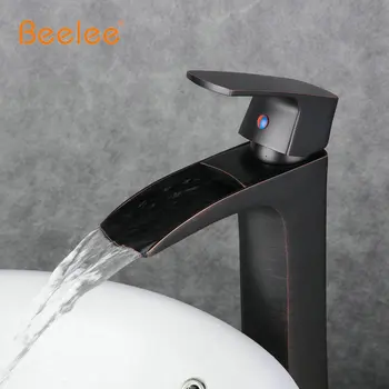 Beelee Bathroom Sink Faucet Contemporary Tall Oil-rubbed Bronze Waterfall Vessel Faucet Mixer Tap - Black BL0556BH