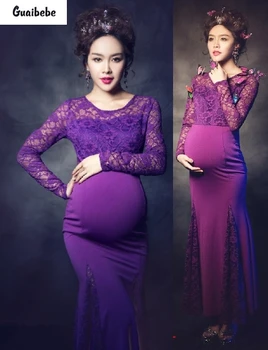 098Purple Pregnant Photography Props Maternity Trailing Gown Fishtail Dress Elastic Backless Photo Shoot Baby Shower Gift Studio