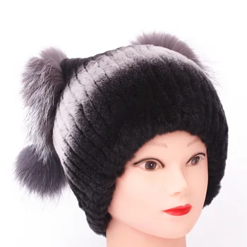 New Women's Beanies Hats Real Fur Leather Top For women Rabbit Fur Fox Circled Strip Hats Solid Russian Winter Caps hat