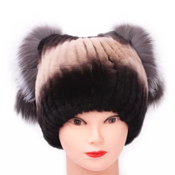 New Women's Beanies Hats Real Fur Leather Top For women Rabbit Fur Fox Circled Strip Hats Solid Russian Winter Caps hat