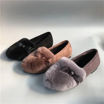 Winter Warm Hot Fashion Special Price Solid Slip-on Round Toe Butterfly-knot Flats Shoes Women Rabbit Fur Loafers Casual Shoes